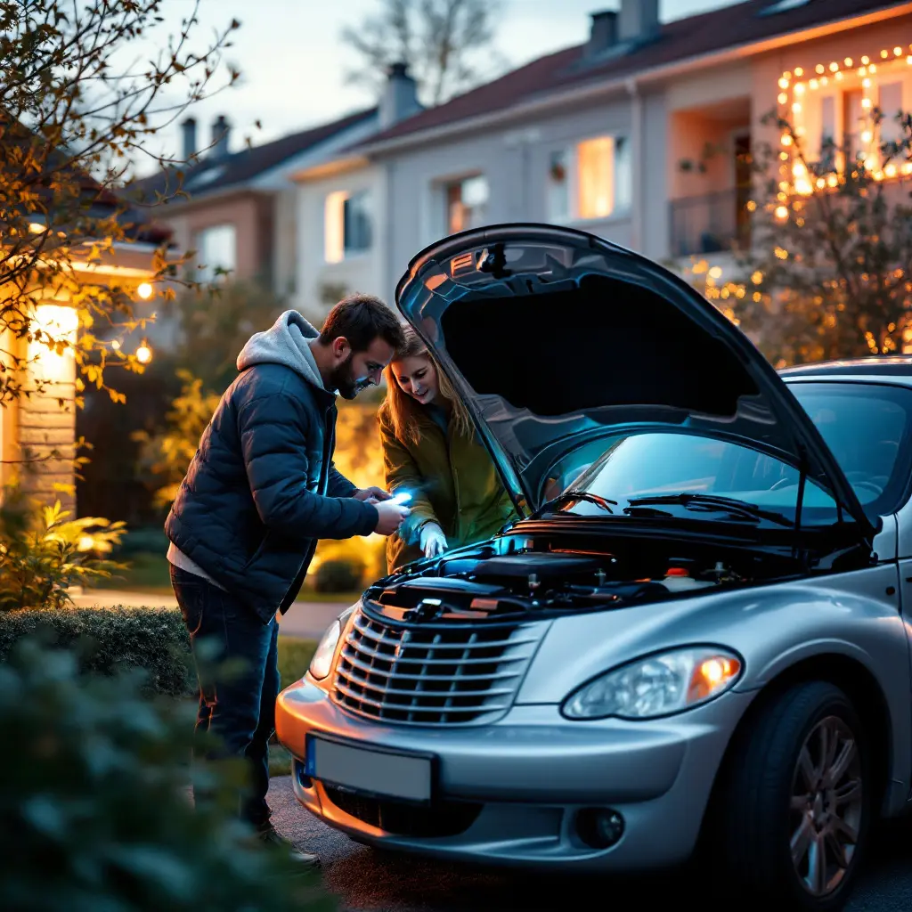 Käufer inspiziert mit Taschenlampe Motorraum eines Chrysler PT Cruiser