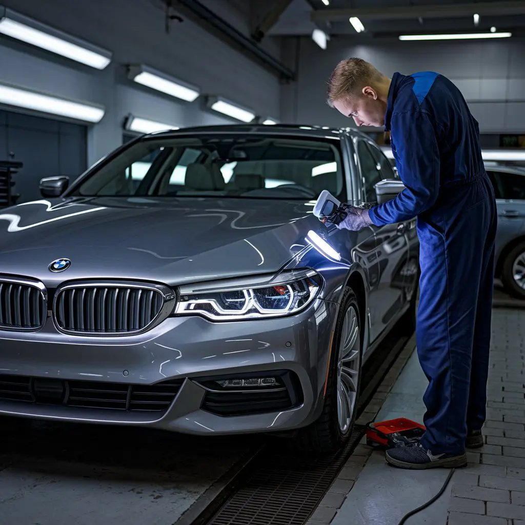 Mechaniker prüft defekten BMW-Scheinwerfer in Werkstatthalle bei Dunkelheit