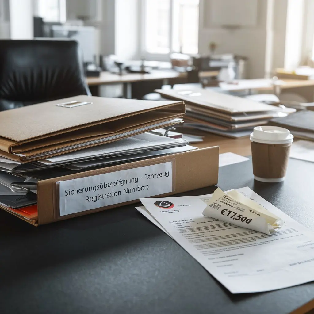 Sparsam eingerichtetes Büro mit einem unordentlichen Schreibtisch, einer Datei über Sicherungsübereignung und einem Rechnungsbeleg.