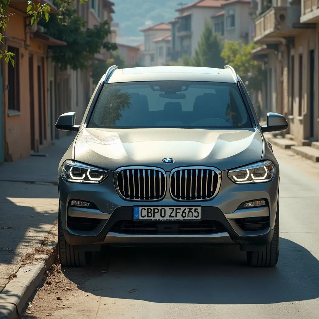 BMW X3 parkt in ruhiger Straße in der Türkei; leichtes Öl auf Vorderrad sichtbar.