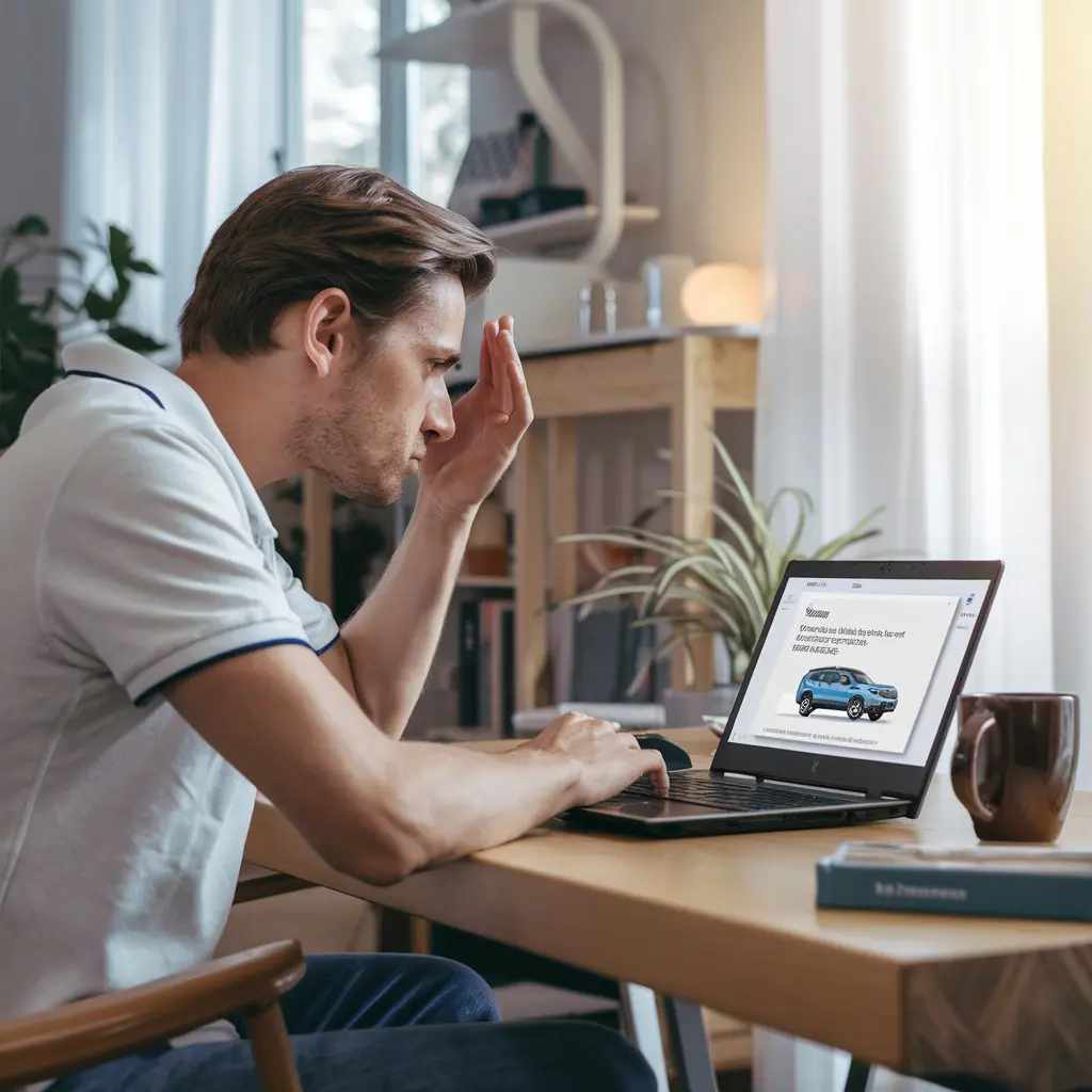 Mann entdeckt Email über Lieferverzögerung seines neuen Ford Kuga in modernem Wohnzimmer.