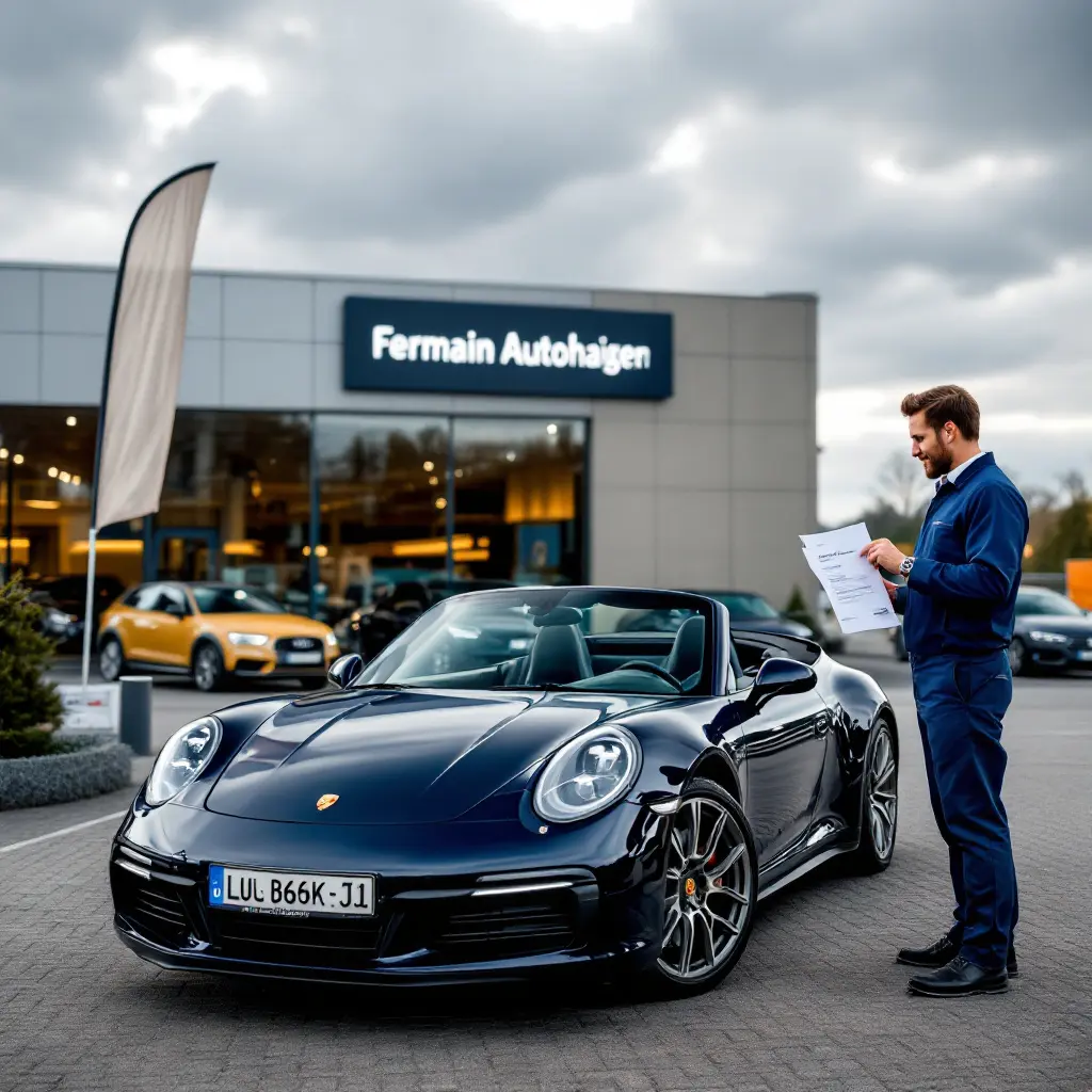 Dunkelblauer Porsche 911 Cabrio mit Rost am Heck vor Autohaus, Architekt zeigt auf Mängel, Verkäufer mit Vertrag bei Gebrauchtwagen.
