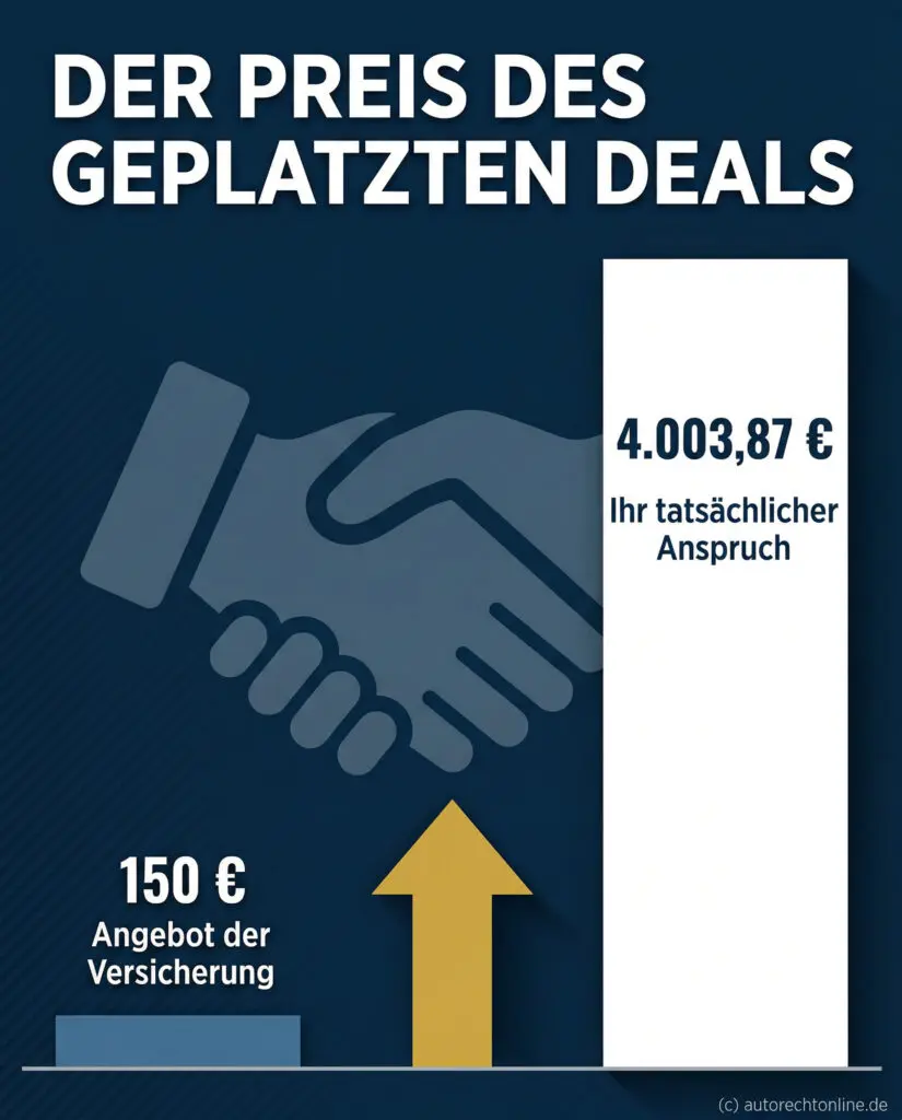 Infografik Vergleich: 150 Euro Versicherungsangebot gegen über 4000 Euro tatsächlicher Anspruch bei entgangenem Gewinn.