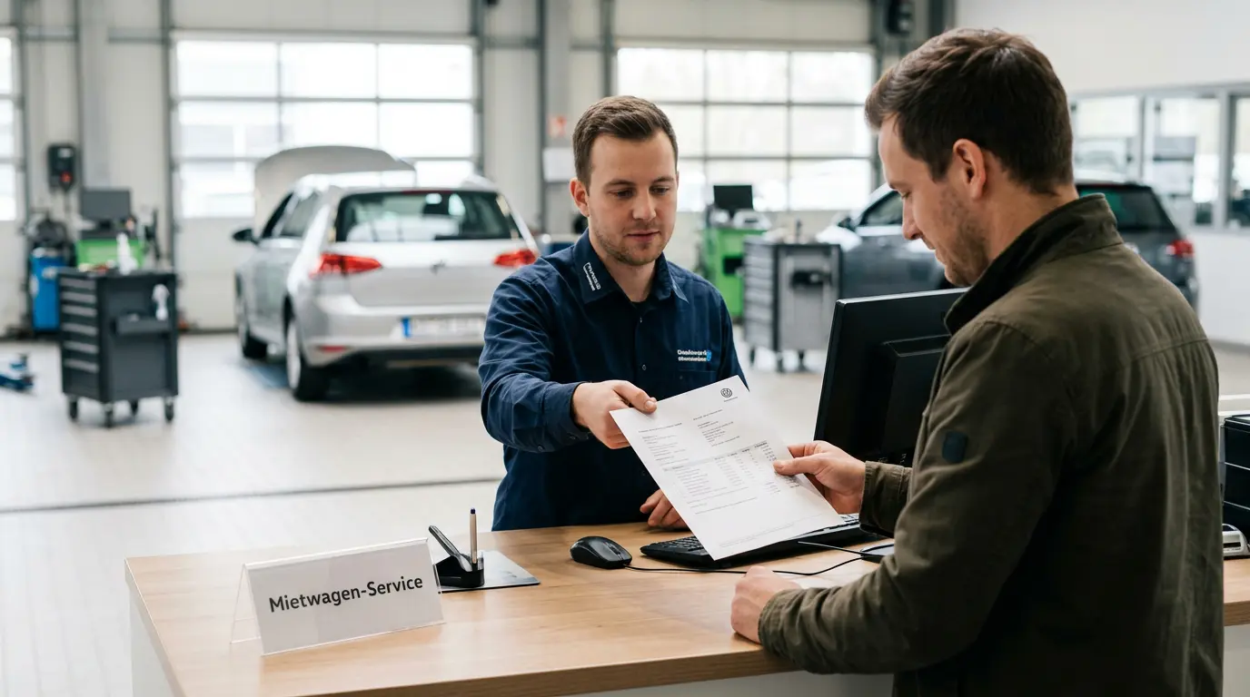 Werkstattmitarbeiter übergibt Kunden einen Reparaturablaufplan am Tresen, im Hintergrund ein repariertes Auto.