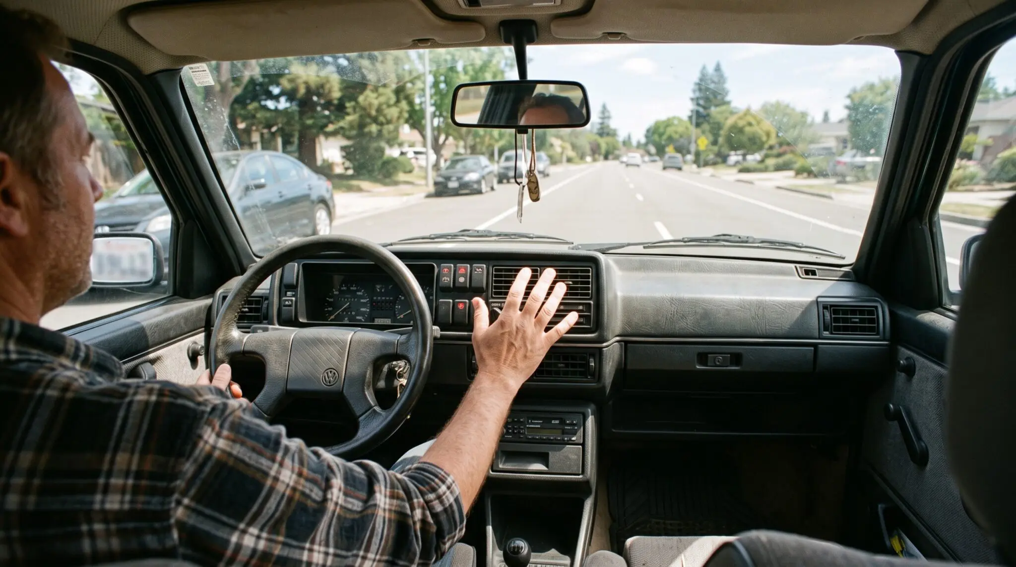 Fahrer prüft mit offener Hand die Luft an der Lüftungsdüse eines älteren Autos bei Sonne