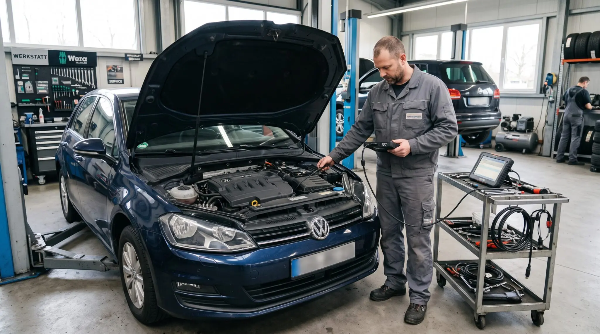 Mechatroniker schließt in sauberer Werkstatt Diagnosegerät an Motorraum eines Kompaktwagens an