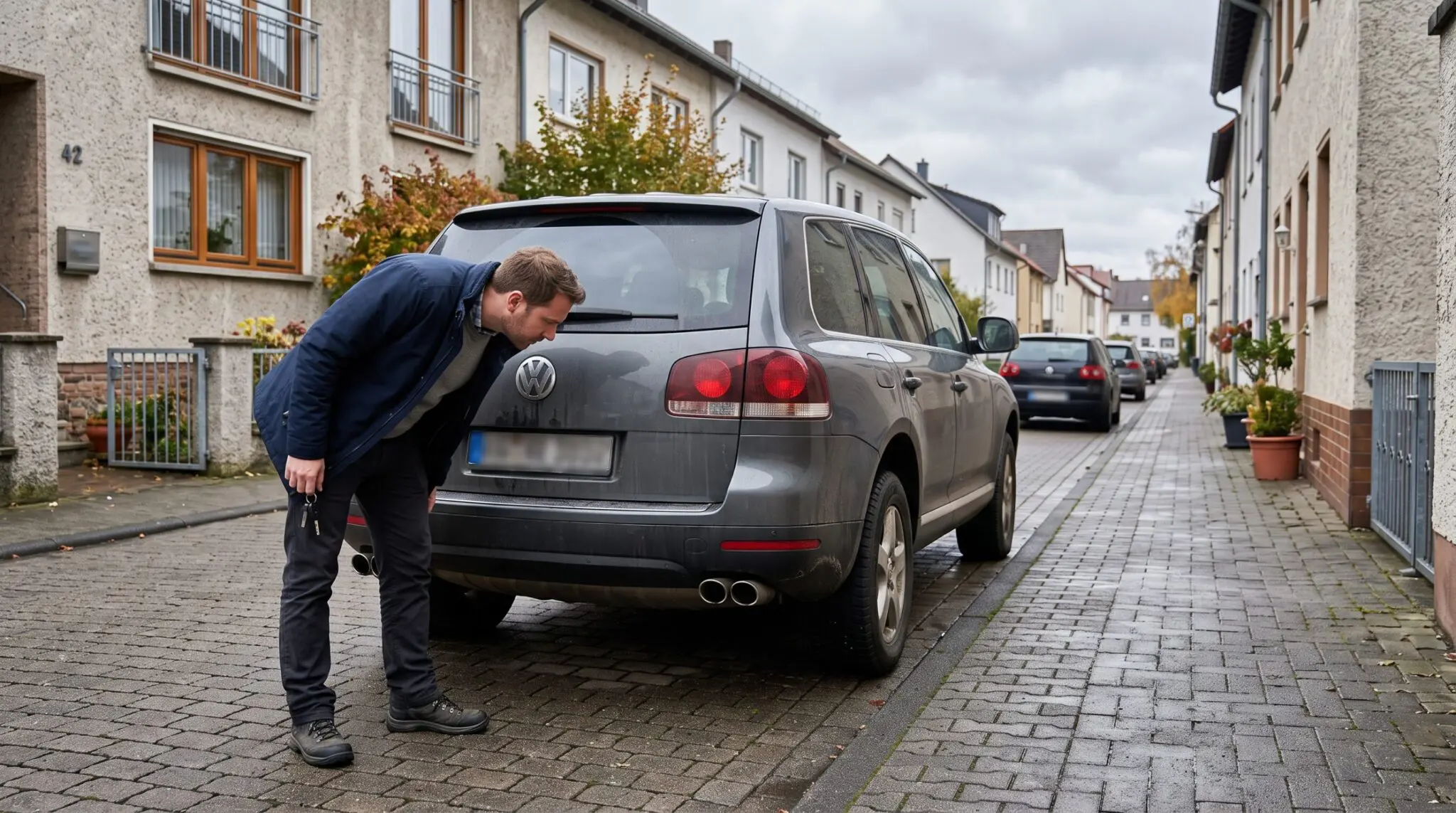 Mann mit Autoschlüssel steht hinter grauem SUV am Bordstein und blickt auf Auspuff