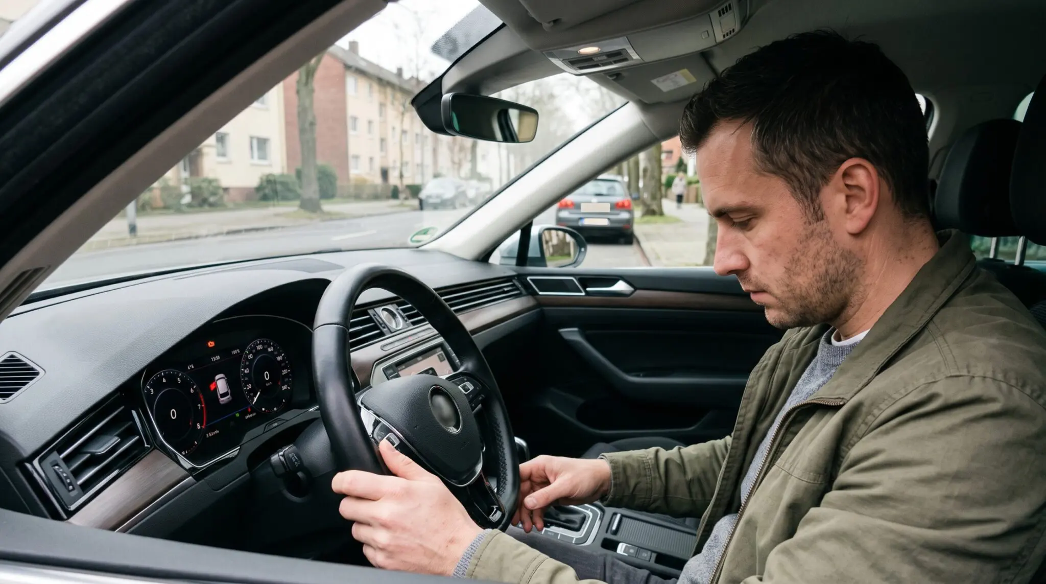Fahrer mit gesenktem Blick am Lenkrad, rote Motorwarnleuchte leuchtet im Armaturenbrett