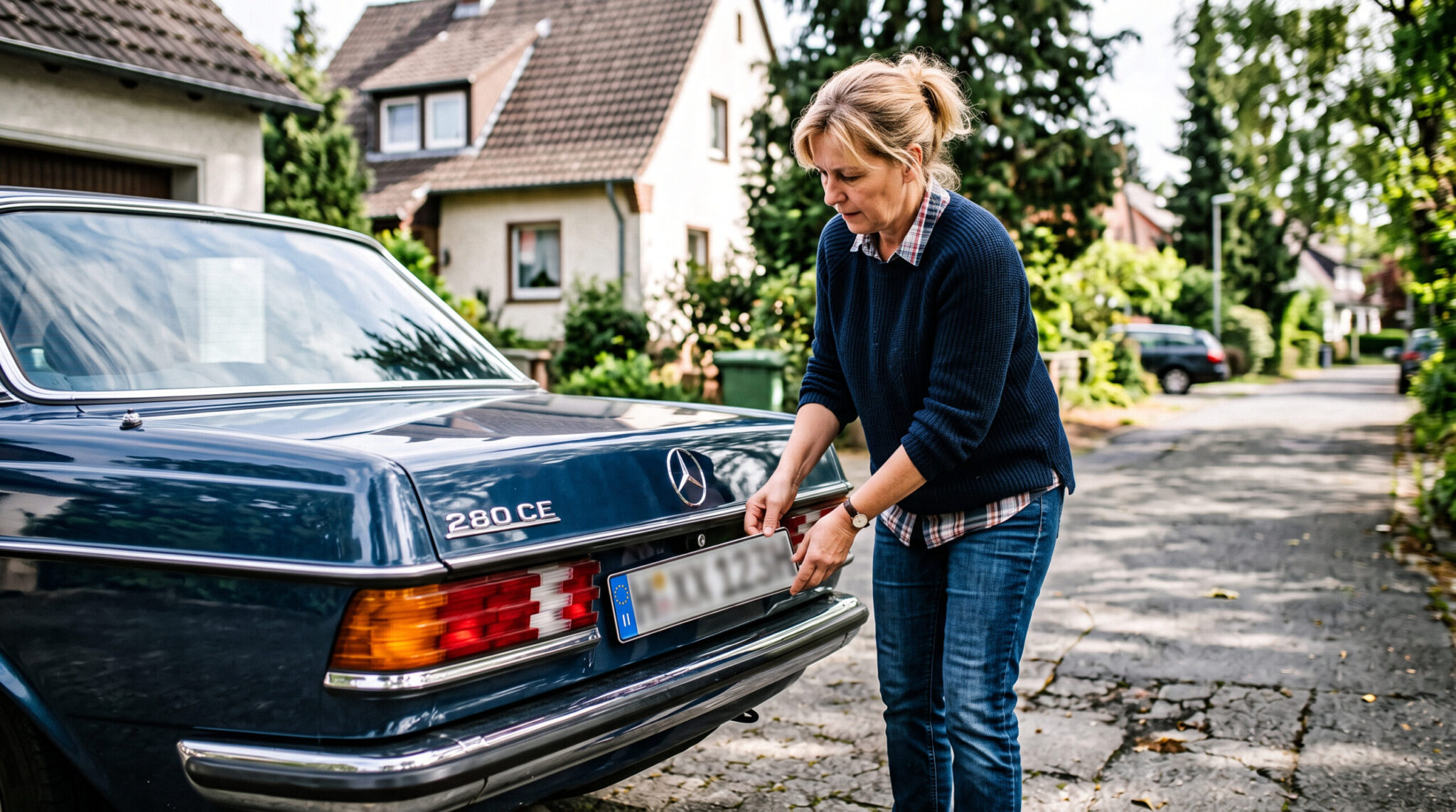 Hand hält überlanges H-Kennzeichen vor die Mulde eines Oldtimers, Zeichen ragen über Rand hinaus