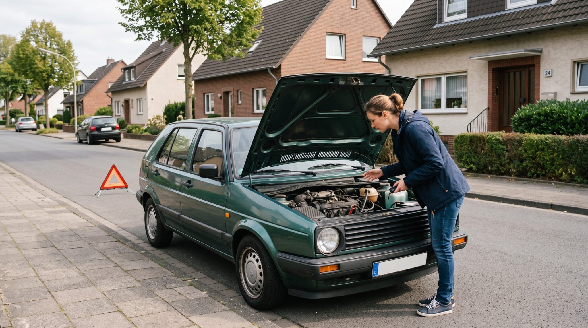 Frau mit Autoschlüssel neben Kleinwagen mit offener Haube und Warndreieck in Wohnstraße